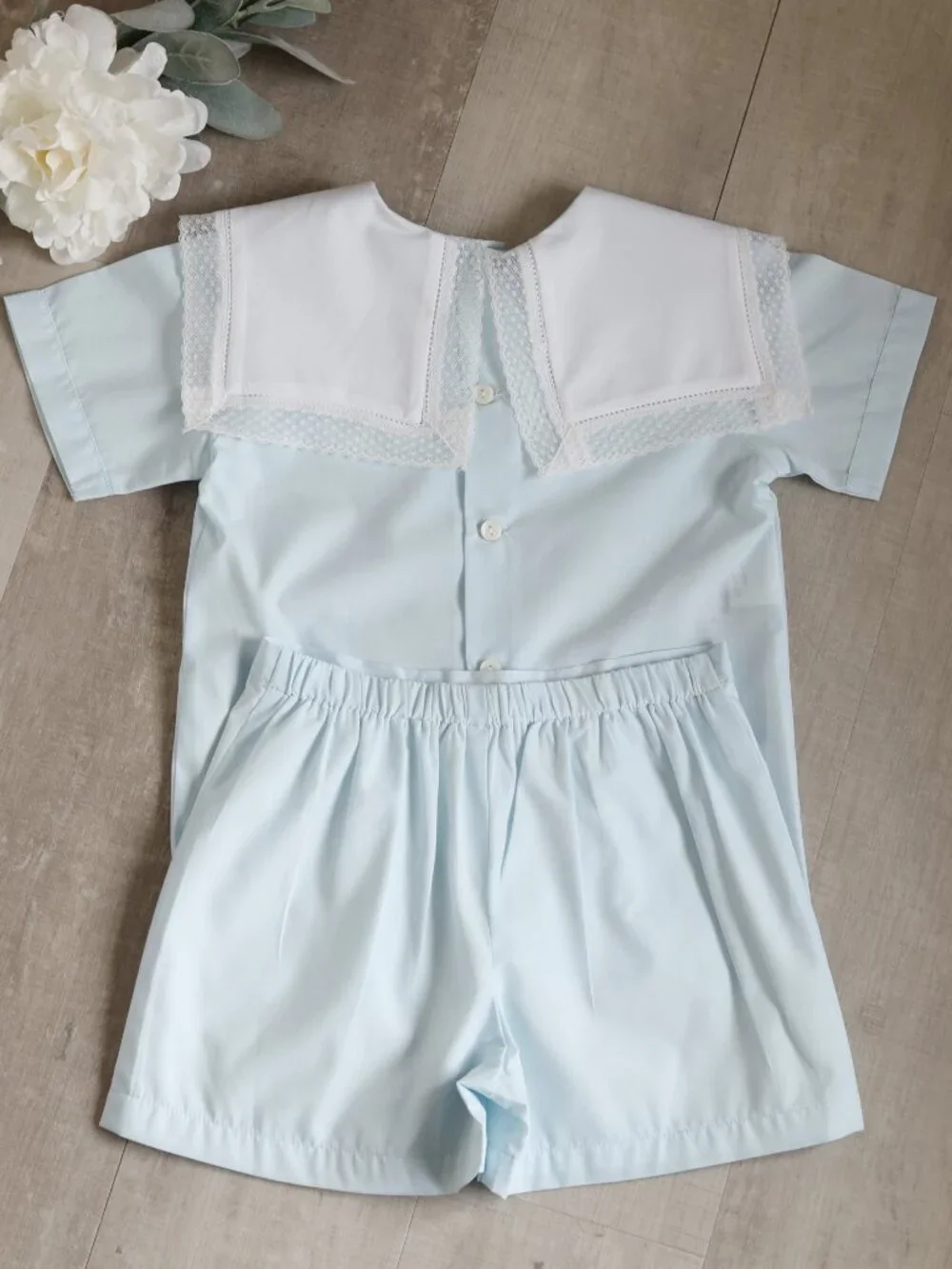 Blue Heirloom Dressy Short Set Vintage Lace Collar Ring Bearer Portrait Size 5